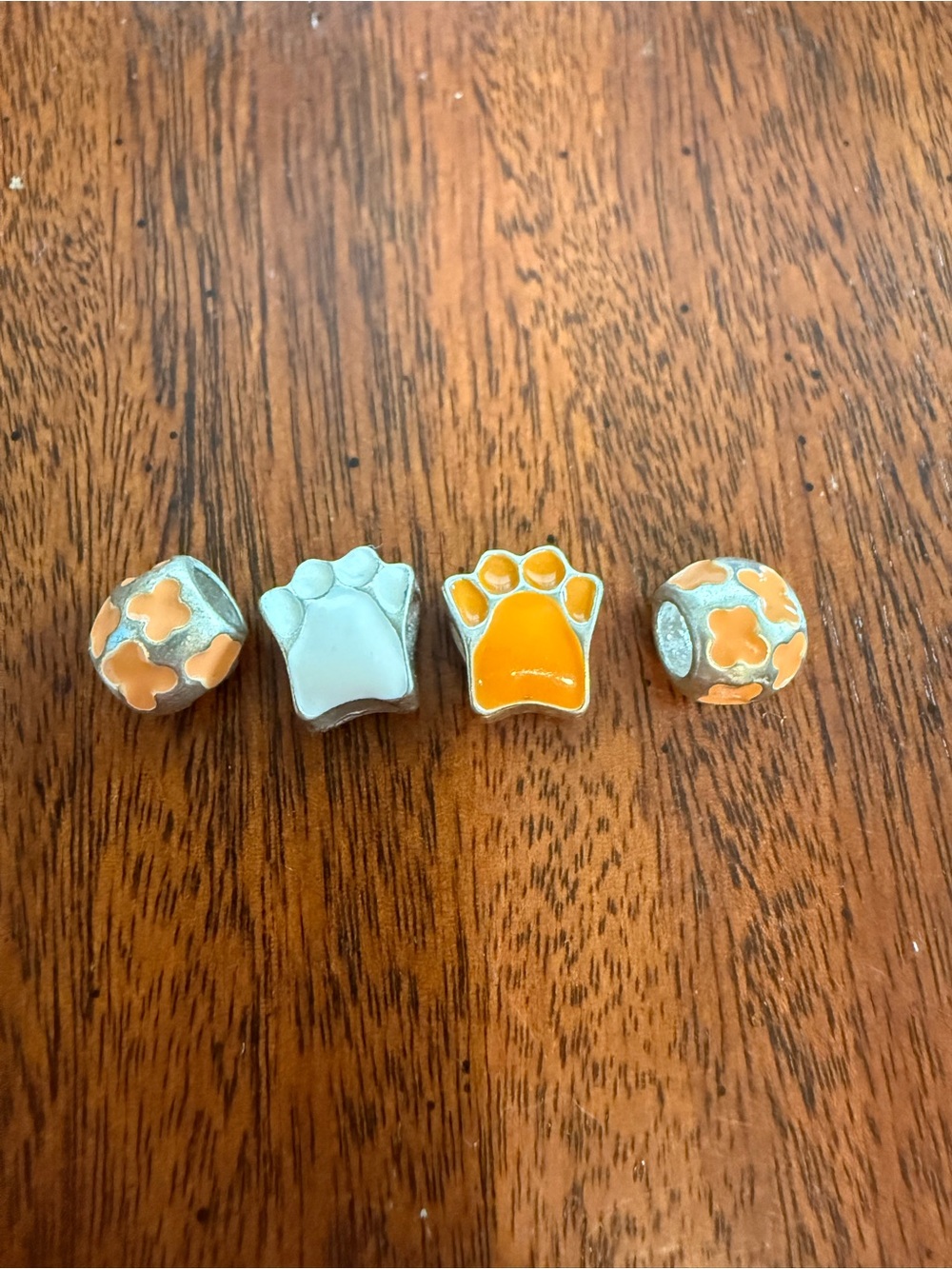 Set of 4 white, silver and Orange Paw Charm for a Pandora or necklace